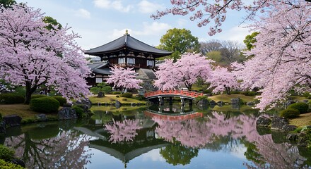 Naklejka premium Todaiji Temple with Cherry Blossoms in Full Bloom Nara Japan Spring Season Serene Water Reflections and Traditional Japanese Architecture Landscape