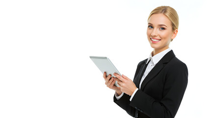 Confident businesswoman using tablet smiling successful professional corporate worker modern office technology digital device business woman