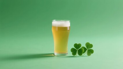 Related to St. Patrick's Day, in front of a green background, there are shamrocks next to a glass of beer, full of Irish festival atmosphere.
