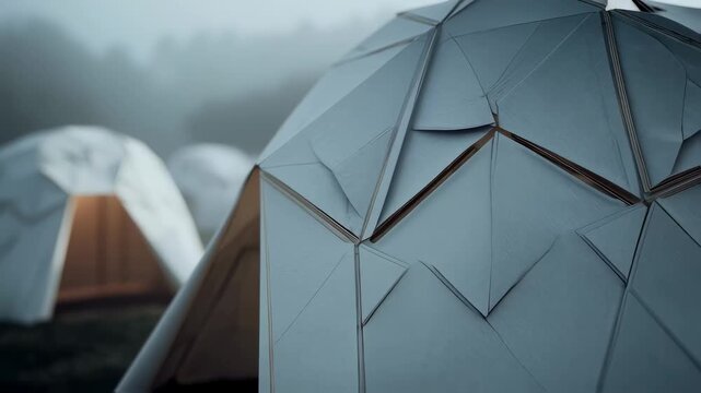 Midrange shot emphasizing the intricate folding mechanism of a solarpowered field hospital where precise origamilike creases and panels stand out against a muted blurred