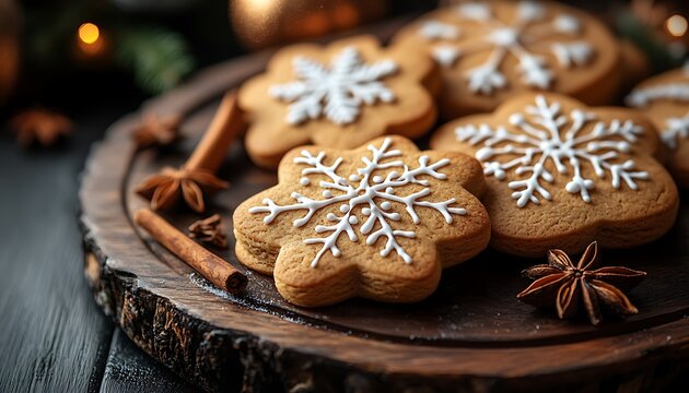 Snowflake decorated gingerbread cookies with cinnamon sticks and star anise icing white icing - Powered by Adobe