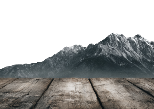 Mountain range backdrop over weathered wooden planks