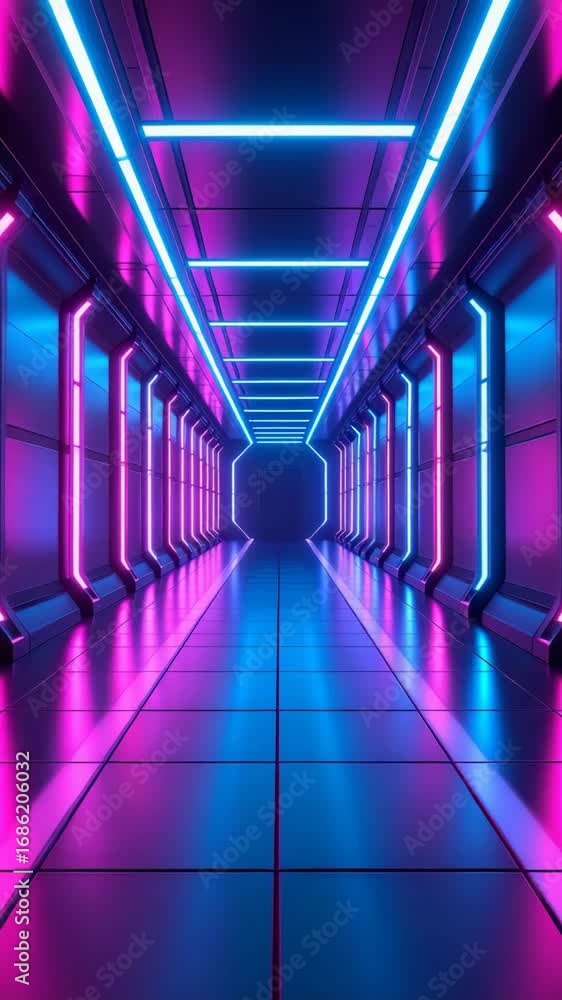 Poster futuristic corridor with illuminated lines and geometric pattern, perspective view of a technology h