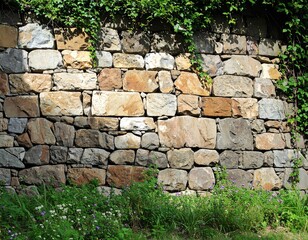 Stone wall, vines, and flowers