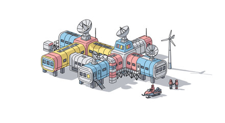 Fototapeta premium Isometric view of a futuristic research outpost with snowmobile