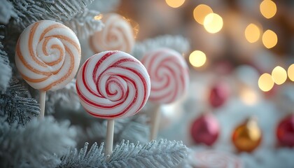 Swirled Red White and Orange Lollipops on Frosted Christmas Tree Branches candy sweet