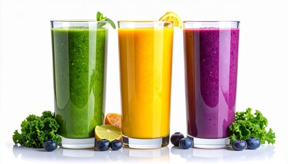 Fototapeta premium Vibrant Trio: Green, Yellow, and Purple Smoothies with Fruit Accents on White