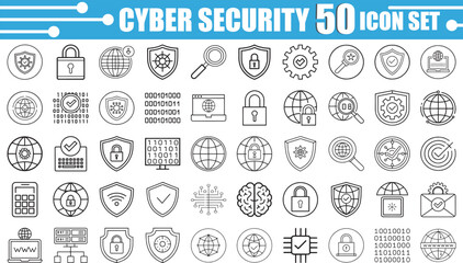 Cyber Security Line Icons – 50 Editable Thin Line Icons for Online Security, Data Encryption, and Internet Safety