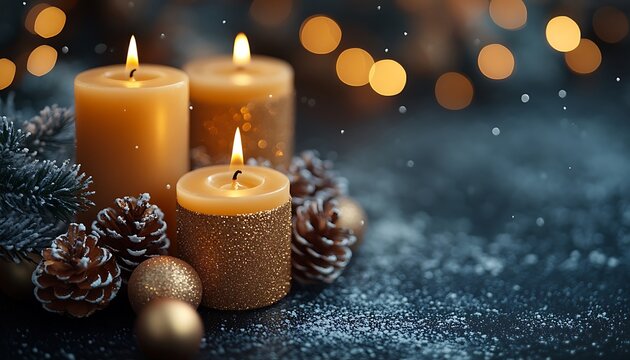 Three lit golden candles with pine cones and baubles on dark background christmas holiday - Powered by Adobe