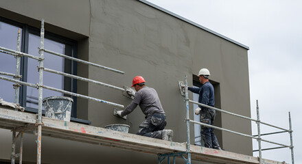 Two construction workers apply stucco to a modern building's exterior wall using scaffolding.