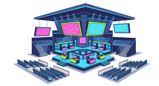 Isometric view of a gaming stage with screens and seating area