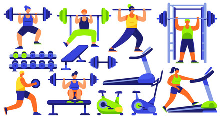 Fototapeta premium Illustration of people exercising in a gym with equipment