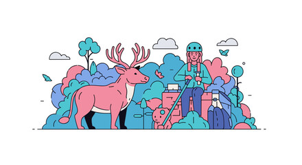 Fototapeta premium Woman with helmet and deer in colorful abstract landscape art