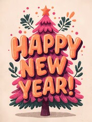 Obraz premium Colorful Happy New Year card with Christmas tree and fireworks perfect for holiday greetings