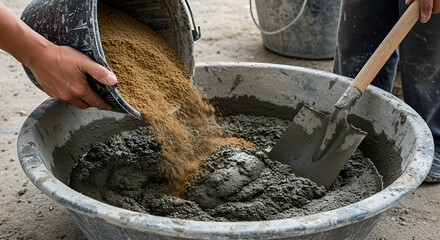 Hands pouring sand into a large bowl of concrete mix, preparing construction materials.