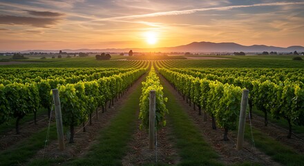 Naklejka premium Vineyard at Sunset Breathtaking Vista of Rows of Grape Vines with Warm Light Casting Shadows over the Landscape
