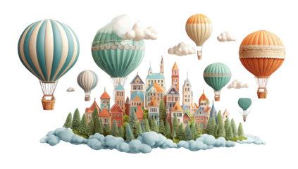 A whimsical city floating on a cloud, with hot air balloons