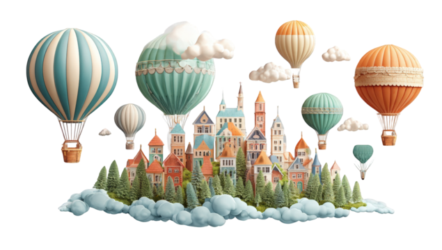 A whimsical city floating on a cloud, with hot air balloons