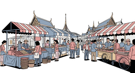 A bustling street market scene with vendors and customers alike