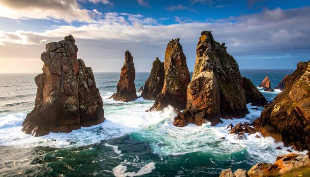 Dramatic ocean rock formations at sunset