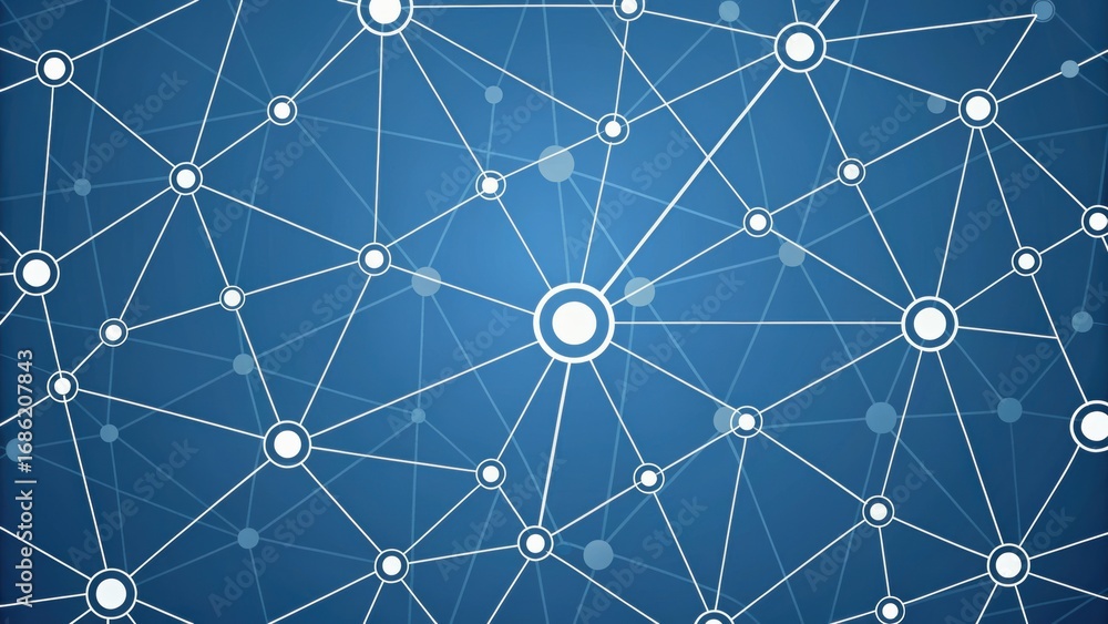 Poster abstract network design featuring interconnected nodes on a blue background, symbolizing connectivit