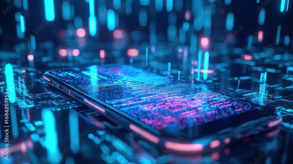 Aufkleber advanced technology concept with smartphone and glowing data. phone integrated with advanced technol
