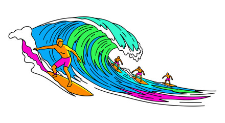 Illustration of surfers riding a colorful stylized ocean wave