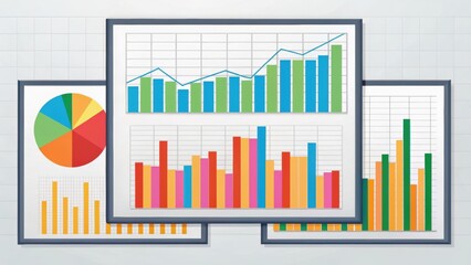 Graphs and charts displayed in frames on a wall, showcasing data analysis with colorful visuals.