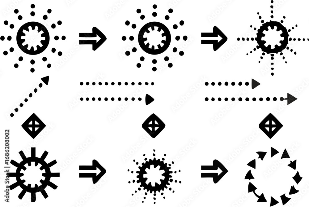 Poster vector black and white diagram showing transformation of shapes with arrows and circular arrangement