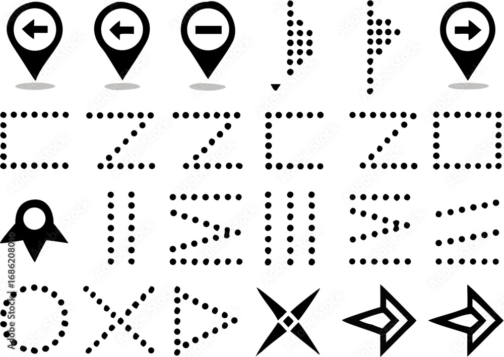 Poster vector illustration of various black icons including map markers arrows and shapes made of dots on a
