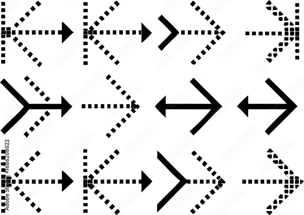 Poster vector illustration showing an arrangement of twelve black arrows pointing in different directions a