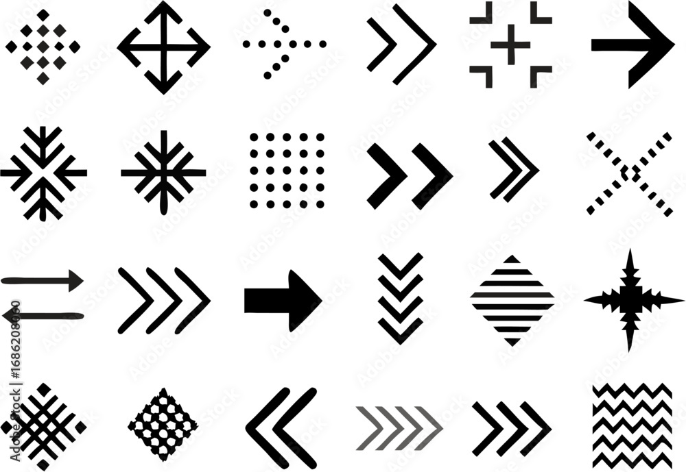 Poster vector collection of various black and white geometric shapes including arrows and diamond patterns 