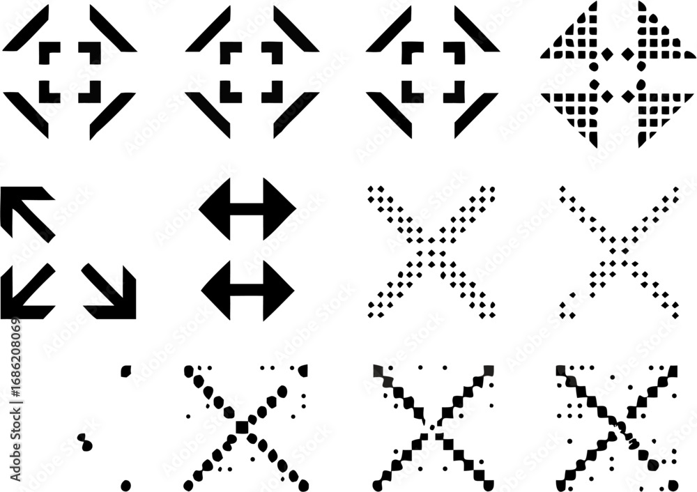 Poster vector illustration of various black and white geometric shapes including arrows crosses and square 