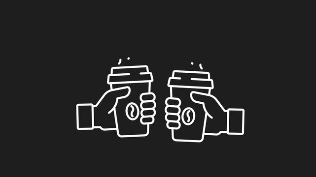 Animated coffee cheers white icon. Two hands clink coffee cups with a coffee bean logo on them. Suitable for promoting coffee shops, cafes, or barista training.