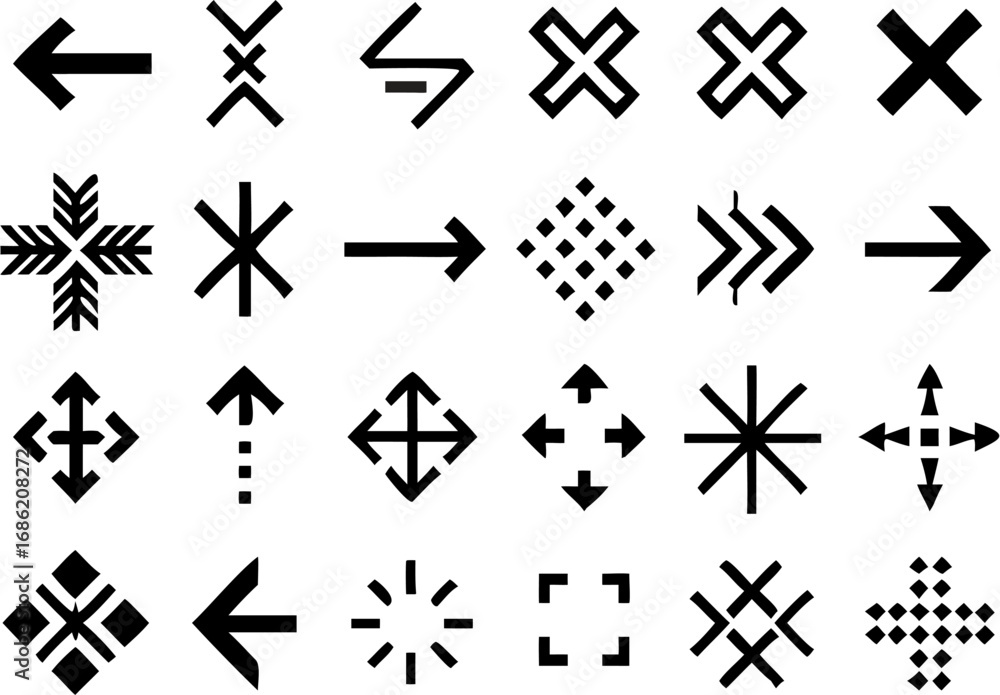 Poster vector collection of twenty one distinct black geometric symbols and arrow designs on a white backgr