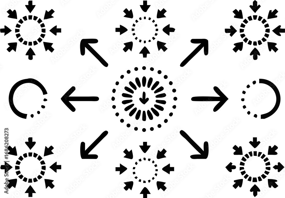 Poster vector arrows pointing inward to dotted circles and outward from a central dotted circle arrangement