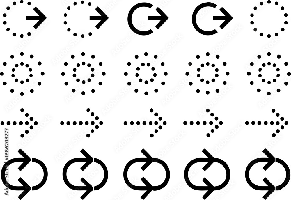 Poster vector illustration of various arrow designs including circular dotted and curved arrows in a grid p