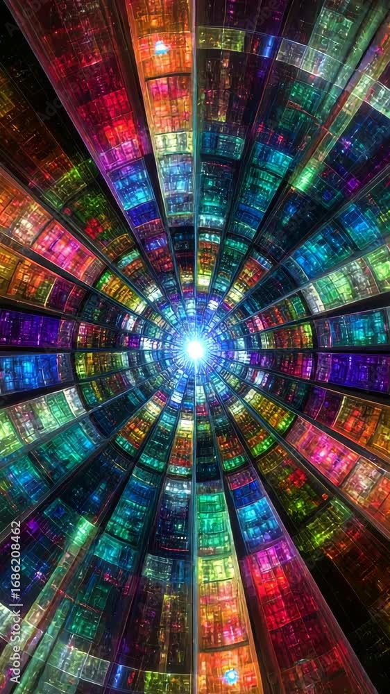 Poster vibrant geometric abstract illustration with colorful glass panels arranged in radial pattern creati