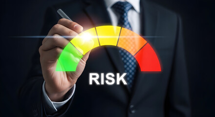 Businessman in Suit Using Marker to Highlight Risk Level on a Colorful Risk Gauge for Financial or Business Risk Assessment Analysis