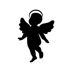 Black Silhouette of a Baby Angel with Wings and Halo isolated on white