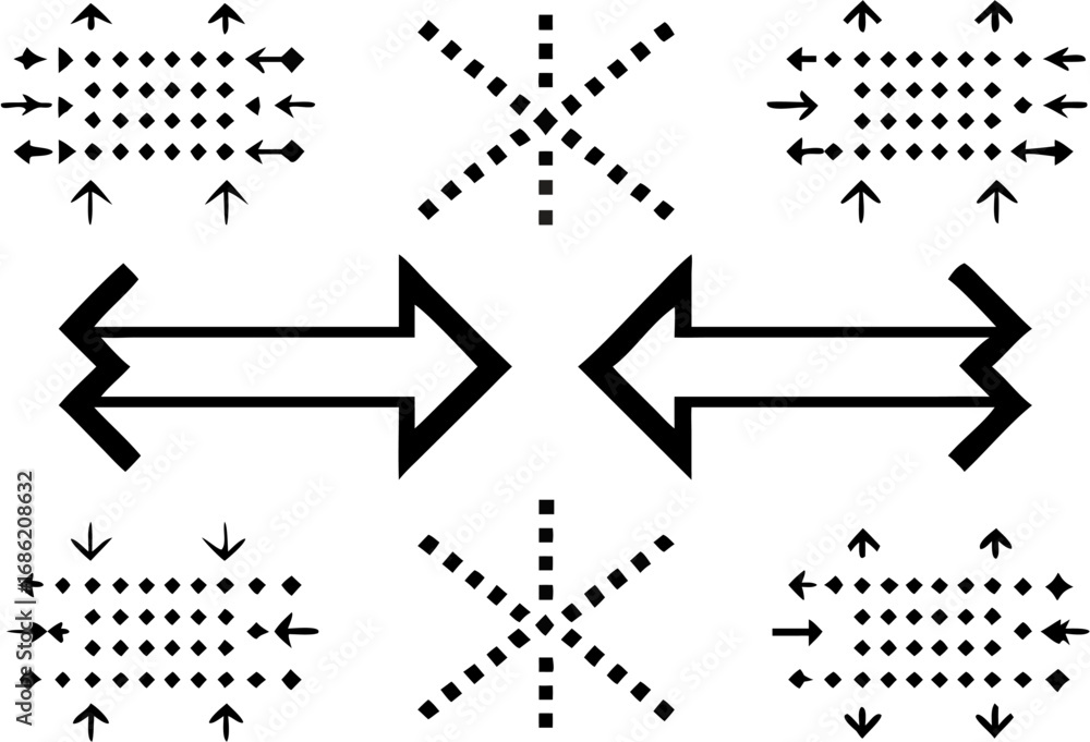 Poster vector black and white illustration featuring arrows pointing in different directions and dotted lin