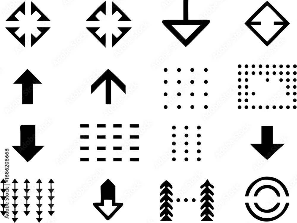 Poster vector a collection of black and white icons featuring arrows, dots, and geometric shapes arranged i