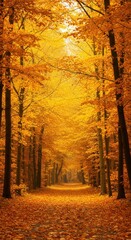 Fototapeta premium A golden autumnal pathway lined with vibrant, fiery foliage, bathed in warm light, creates a serene and inviting atmosphere.