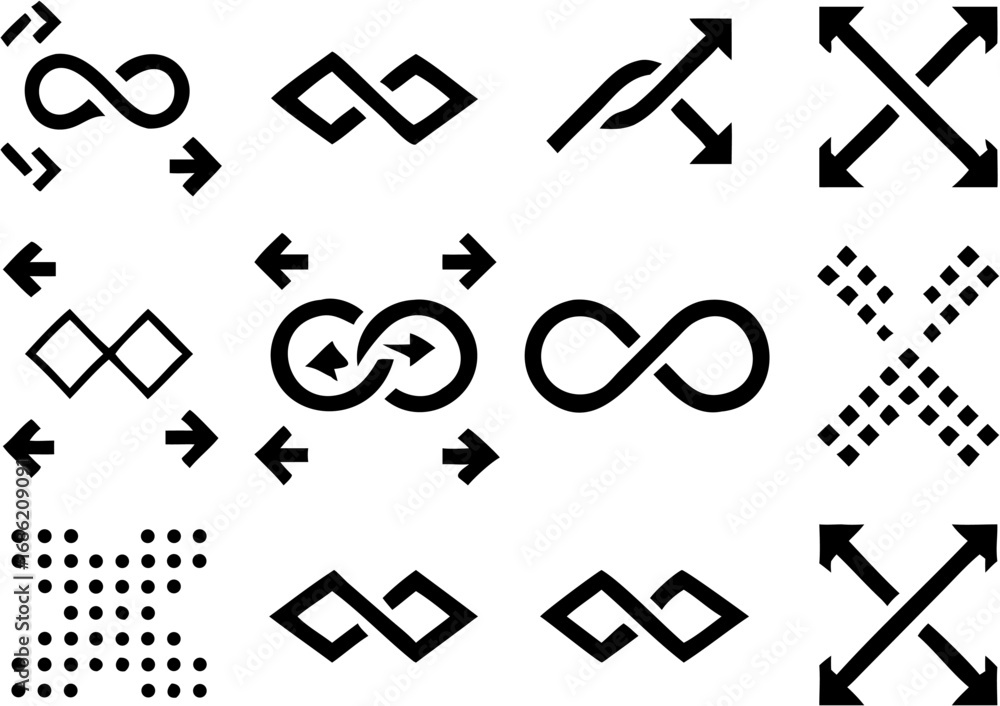 Poster vector collection of black infinity symbols and arrow designs arranged in a grid pattern on white ba