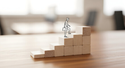 Obraz premium A person climbs wooden blocks symbolizing career growth and achieving professional success, a journey to the top.