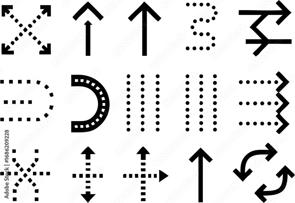 Poster vector illustration of various black arrows and dotted lines pointing in different directions on a w