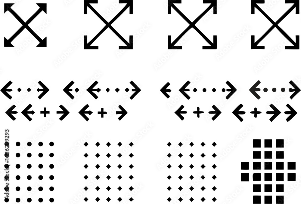 Poster vector illustration of arrows pointing outwards, arrows with dots and plus signs, and dot and square