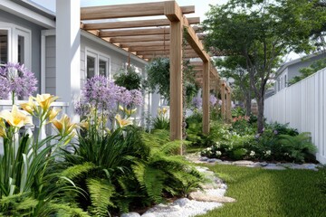 Fototapeta premium A residential garden featuring a wooden pergola, lush greenery, flowers, and a white picket fence.