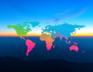 World map with gradient colors and connecting lines, at sunrise or sunset