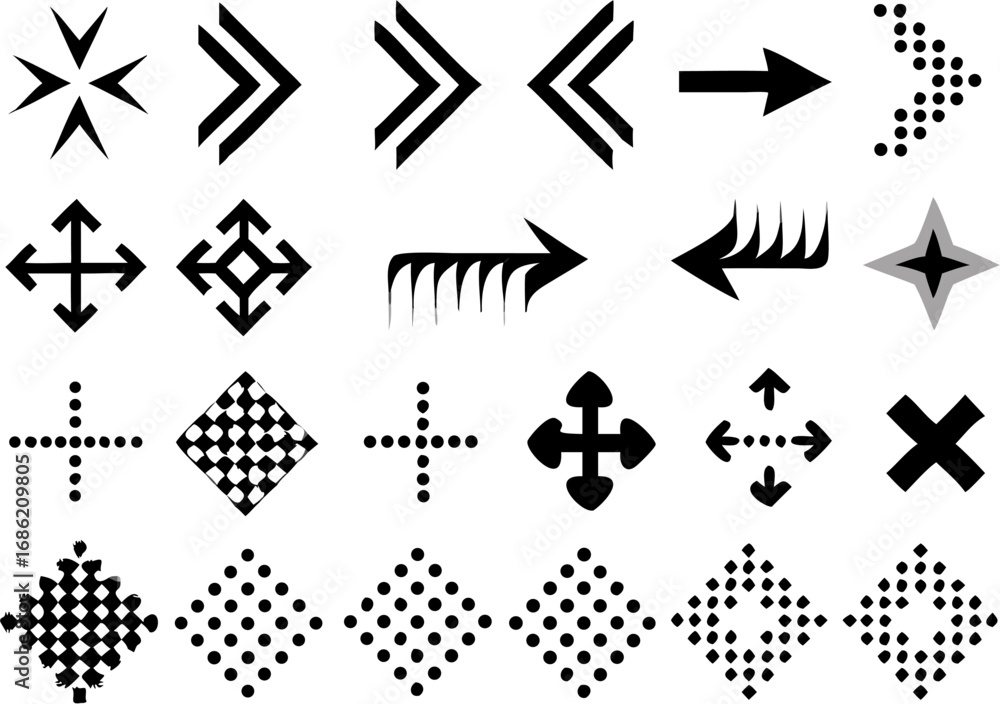 Poster vector collection of various black and white arrows directional symbols and geometric shapes in a gr
